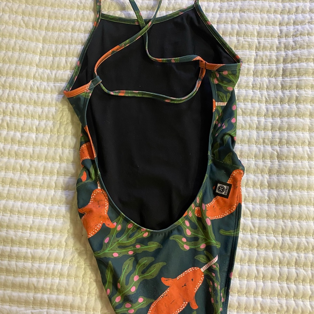 Blue, green, and orange Jolyn Narwhal suit. Size 28 but fits on the looser side.